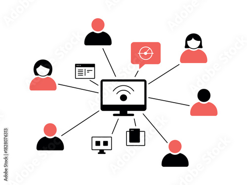 Illustration of people connected to a central computer network