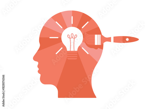A paintbrush is adding a lightbulb to a silhouette of a human head, symbolizing creativity.