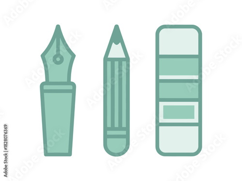 A fountain pen, pencil, and eraser are arranged in a row against a white background.