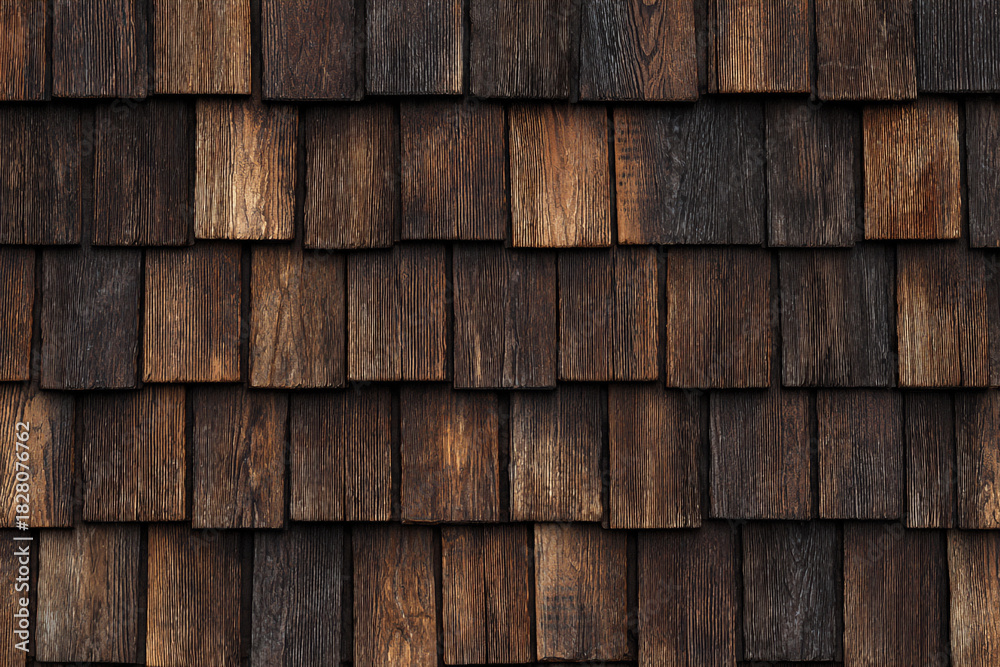 Fototapeta premium Rustic wooden shingles forming a textured wall or roof pattern with warm tones and natural grain