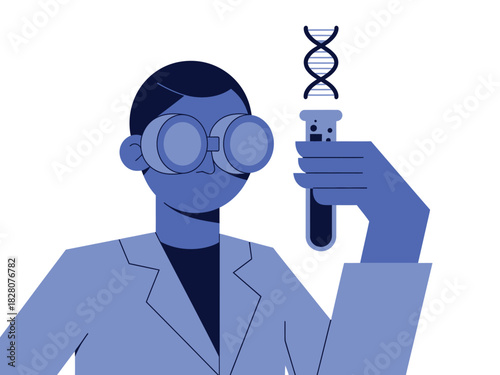 Scientist with binoculars examines a DNA sample in a test tube during research.