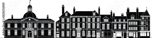 Black Silhouette of a Georgian and Victorian Era Streetscape, Historical City Buildings, Shopfronts, and Architecture, Detailed Vector Line Drawing of a Traditional Town View