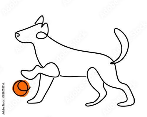 one line drawing of a dog playing with an orange ball.Isolated transparent background ( include cut-out PNG file )