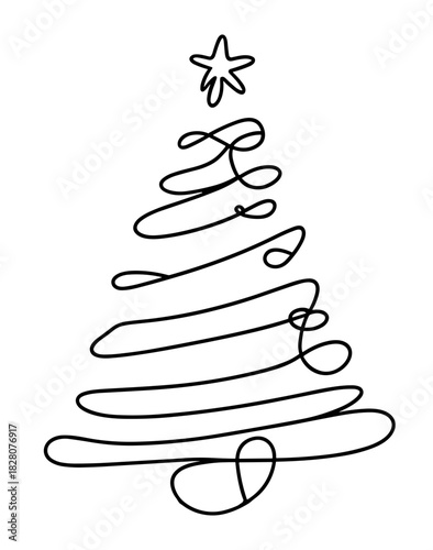 Abstract continuous line drawing forming a Christmas tree topped with a star.Isolated transparent background ( include cut-out PNG file )