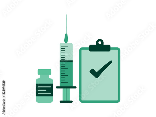 A medical syringe, vial, and a checklist with a checkmark symbolize medical treatment and healthcare.