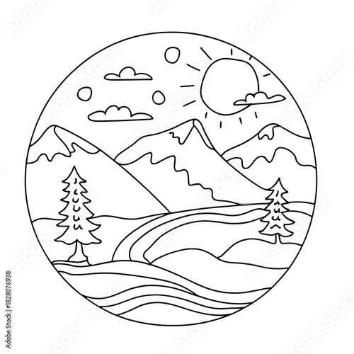 Hand drawn black line art outdoor mountain landscape with trees sun and river inside circle.Isolated transparent background ( include cut-out PNG file )