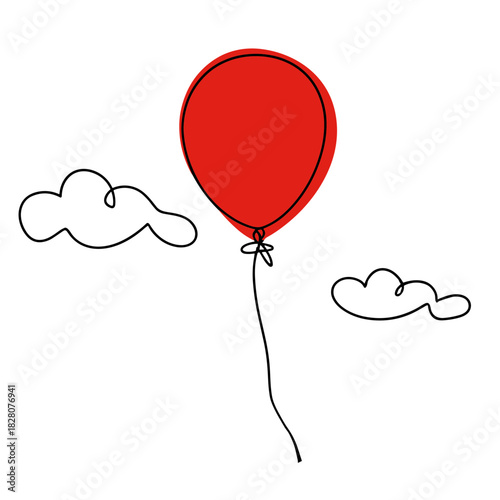 Simple line art of a red balloon floating between two clouds on a string.Isolated transparent background ( include cut-out PNG file )