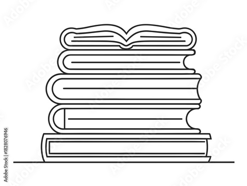 Simple line art drawing of a stack of books with the top one open.Isolated transparent background ( include cut-out PNG file )