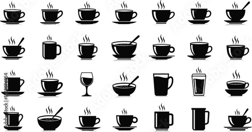 Black Silhouette Hot Drinks Icons Collection, Steaming Coffee Cups, Tea Mugs, Soup Bowls, and Beverage Glassware Symbols Vector Set for Cafe and Restaurant Menus.