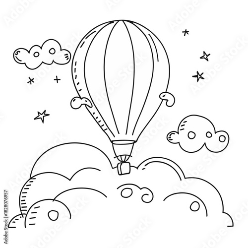 Simple line art drawing of a hot air balloon rising through cartoon clouds.Isolated transparent background ( include cut-out PNG file )