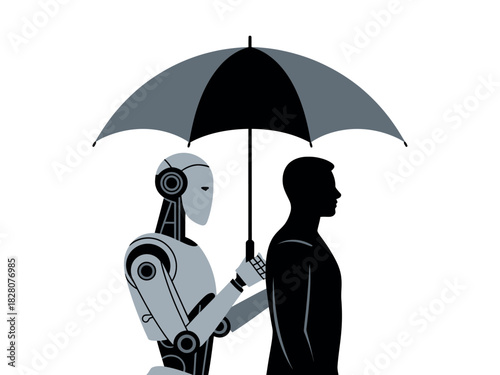 A robot holds an umbrella over a human, symbolizing protection and support.