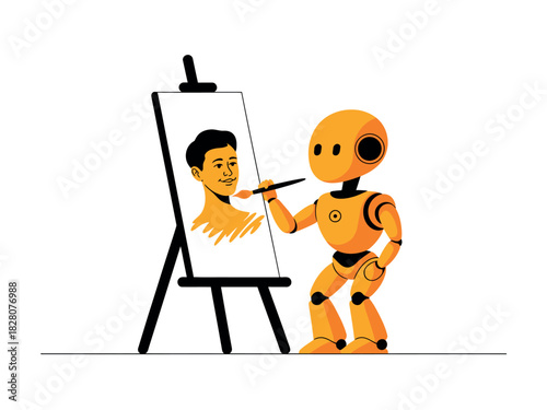 A robot artist meticulously paints a portrait of a human on an easel.
