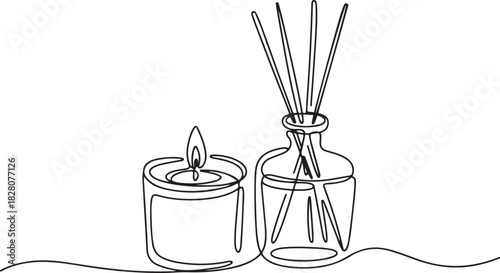 Continuous one line drawing of Candle and Reed Diffuser Oil. Single line drawing illustration of Reed diffuser bottle. one line Icon drawing
