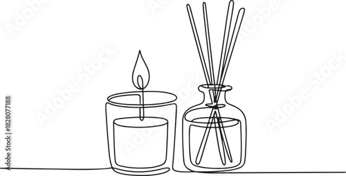 Continuous one line drawing of Candle and Reed Diffuser Oil. Single line drawing illustration of Reed diffuser bottle. one line Icon drawing