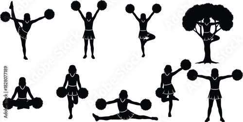 Cheerleader Silhouette Vector Collection in Various Poses with Pom-Poms, Dynamic Motion Graphics Set, Sport, Fitness, Acrobatics, and Excitement Black Figure Illustrations
