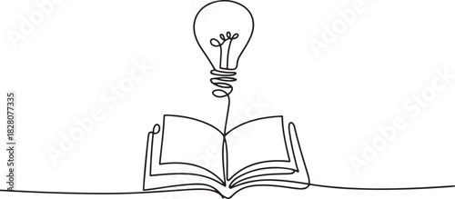 Opened book with light bulb in one continuous line drawing. Symbol of idea for business or schedule. one line Icon drawing