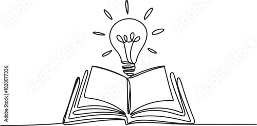 Opened book with light bulb in one continuous line drawing. Symbol of idea for business or schedule. one line Icon drawing