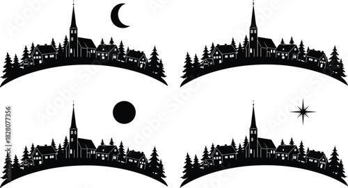 Christmas winter village silhouette set with church, houses and pine trees, night landscape with moon and star vector illustration.