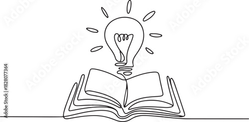 Opened book with light bulb in one continuous line drawing. Symbol of idea for business or schedule. one line Icon drawing