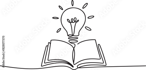 Opened book with light bulb in one continuous line drawing. Symbol of idea for business or schedule. one line Icon drawing