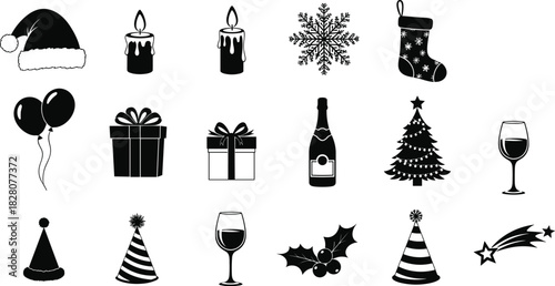 Christmas and New Year celebration vector icon set, black silhouette party symbols including tree, gift, champagne, and candles.