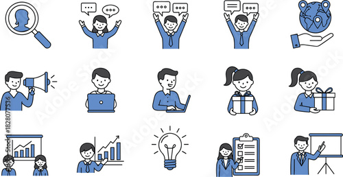 Collection of business people vector icons featuring marketing, communication, teamwork, and presentation concepts in blue and black line art style.