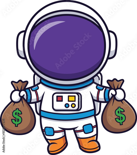 Cartoon astronaut holding money bags — space-themed character symbolizing financial success, cosmic commerce, and futuristic wealth in whimsical style