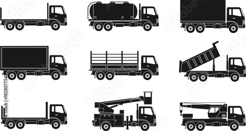 Collection of commercial heavy truck silhouettes including tanker, dump, and cargo delivery vehicles, black vector illustration set.