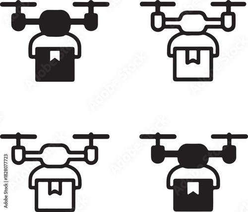 Shipment drone icon, aerial delivery device, logistics drone tracker, delivery monitoring drone, remote shipment tracking, air cargo monitoring tool, isolated black vector, minimal thin stroke