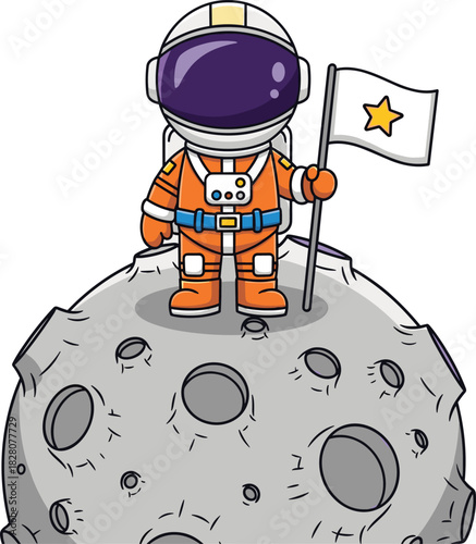 Cartoon astronaut planting star flag on moon — orange space suit character for lunar exploration, sci-fi adventure, and cosmic themes