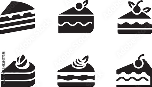 Cake Slice Icons Set - Simple Black Silhouette Vector Designs for Pastry, Food, and Bakery Use