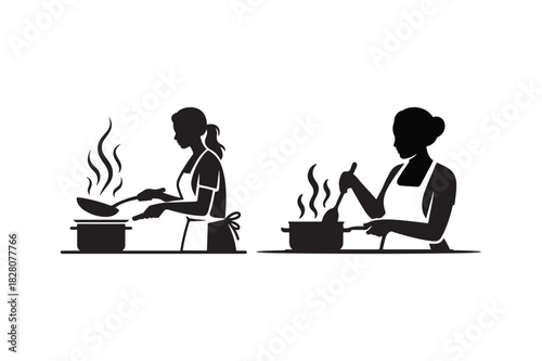 Two silhouettes of people cooking food in pots