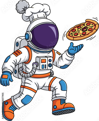 Cartoon astronaut chef tossing pizza — playful space character in helmet and chef hat for cosmic cooking and humorous food themes