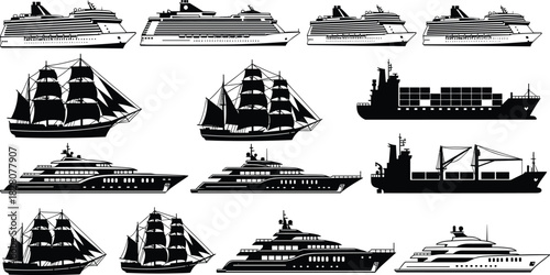 Collection of marine vessel silhouettes featuring cruise ships, cargo container boats, luxury yachts, and vintage sailing ships, black vector set.