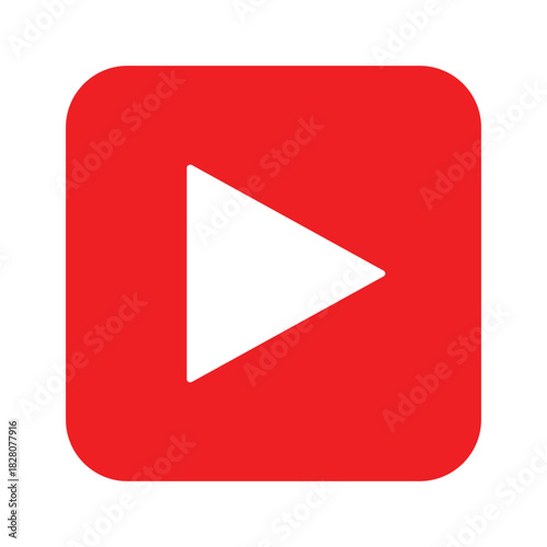 Red square button with white play triangle icon for video media