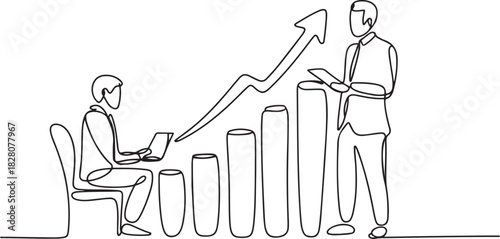 Continuous one line drawing of Business pople meeting with growing graph. Single line drawing illustration of Business Growth plan. one line Icon drawing