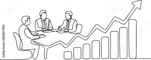 Continuous one line drawing of Business pople meeting with growing graph. Single line drawing illustration of Business Growth plan. one line Icon drawing