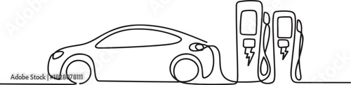 Continuous one line drawing of Electric car at charging stations. Single line drawing illustration of Electric car. one line Icon drawing