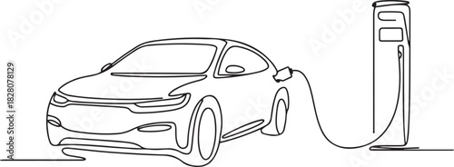 Continuous one line drawing of Electric car at charging stations. Single line drawing illustration of Electric car. one line Icon drawing