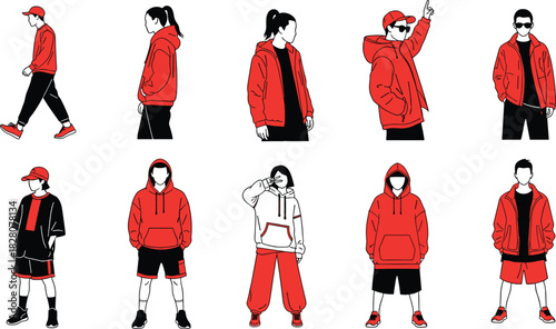 Collection of trendy young people characters wearing red and black urban streetwear fashion, flat vector illustration set.