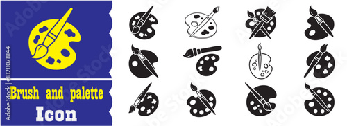 Set of Brush and palette icon, Brush and palette Black vector collection