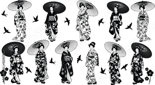 Collection of Traditional Japanese Geisha and Maiko Women in Kimonos Holding Umbrellas, Black and White Vector Set with Flying Birds and Flowers, Elegant Oriental Style