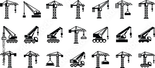 Construction crane icon set, heavy machinery silhouettes, black vector collection, industrial building equipment symbols, mobile tower engineering lift signs
