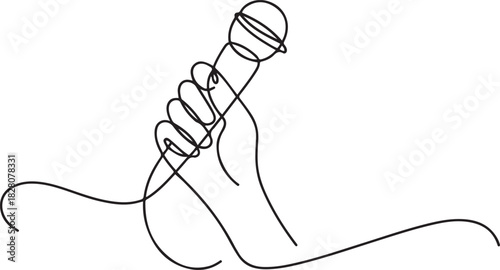 Continuous one line drawing of Hand holding microphone. Single line drawing illustration of for Microphone interview. one line Icon drawing