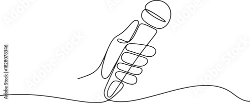 Continuous one line drawing of Hand holding microphone. Single line drawing illustration of for Microphone interview. one line Icon drawing