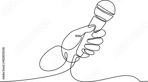 Continuous one line drawing of Hand holding microphone. Single line drawing illustration of for Microphone interview. one line Icon drawing