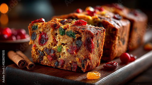 Classic fruitcake loaf with dried fruits and sliced pieces