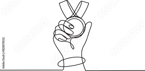 Hand with Winning badge in one continuous line drawing. Single line drawing illustration of Award winning ribbon with hand. one line Icon drawing