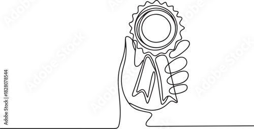 Hand with Winning badge in one continuous line drawing. Single line drawing illustration of Award winning ribbon with hand. one line Icon drawing