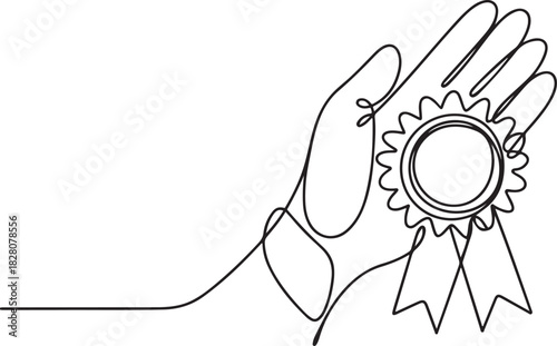 Hand with Winning badge in one continuous line drawing. Single line drawing illustration of Award winning ribbon with hand. one line Icon drawing